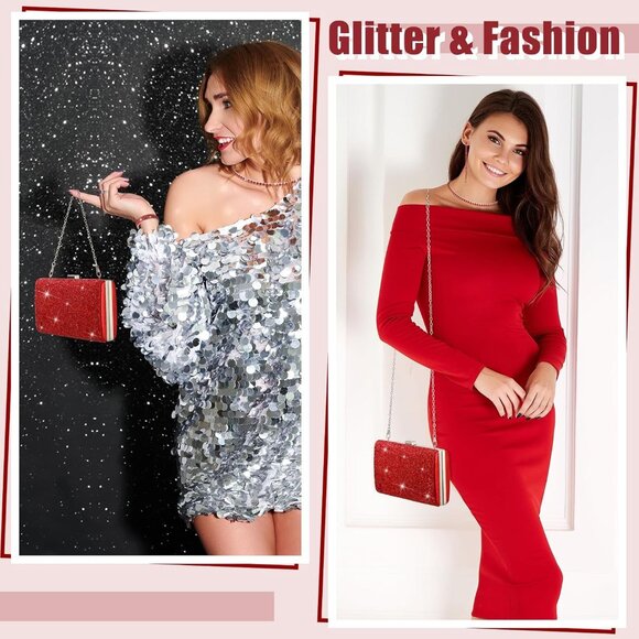 Red glitter evening jewelry set with clutch purse, necklace, bracelet and earrin - Picture 4 of 6